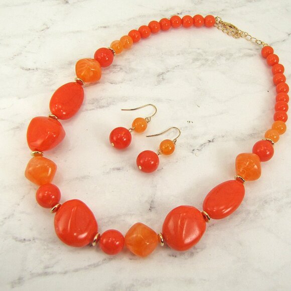 Orange bead necklace earring set with large chunky beads and gold accents - Picture 9 of 12